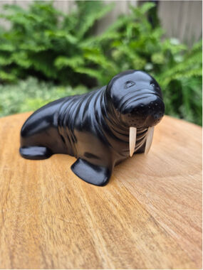 Vintage Boma Canada Walrus Figurine Faux Soapstone Art Resin Carving Black 4"